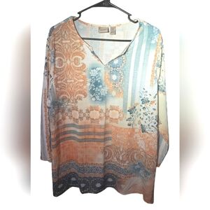 Easywear by Chicos V-neckline orange and blue blouse, Size 3